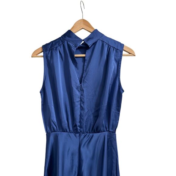 Lulu's Women's XS Classic Elegance Blue Satin Sleeveless Mock Neck Maxi Dress - Picture 6 of 11